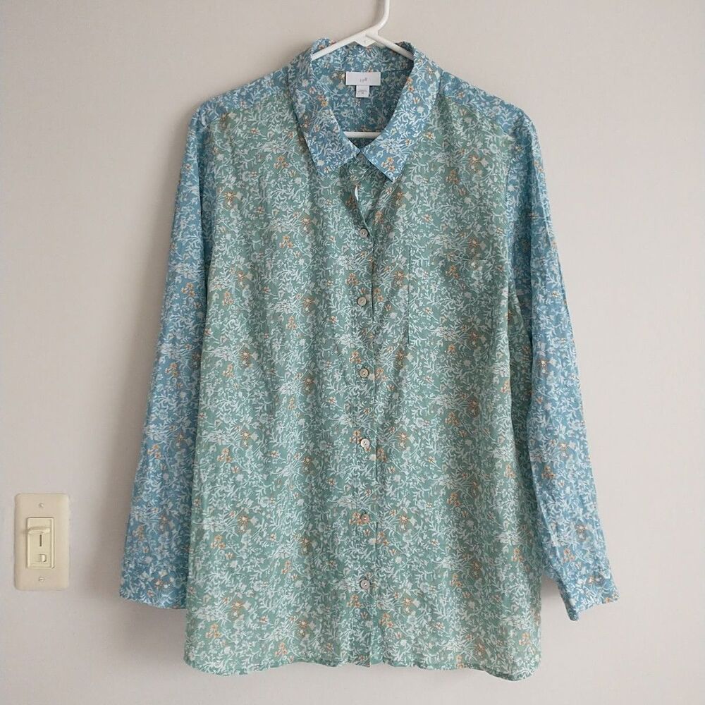 New J Jill Shirt Womens 2X Green Floral Color Block Button LongSleeve 100%Cotton